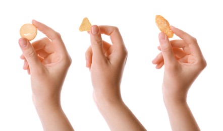 Image of Collage with photos of women holding delicious crispy rusks on white background, closeup