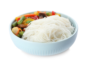Photo of Tasty cooked rice noodles with vegetables isolated on white