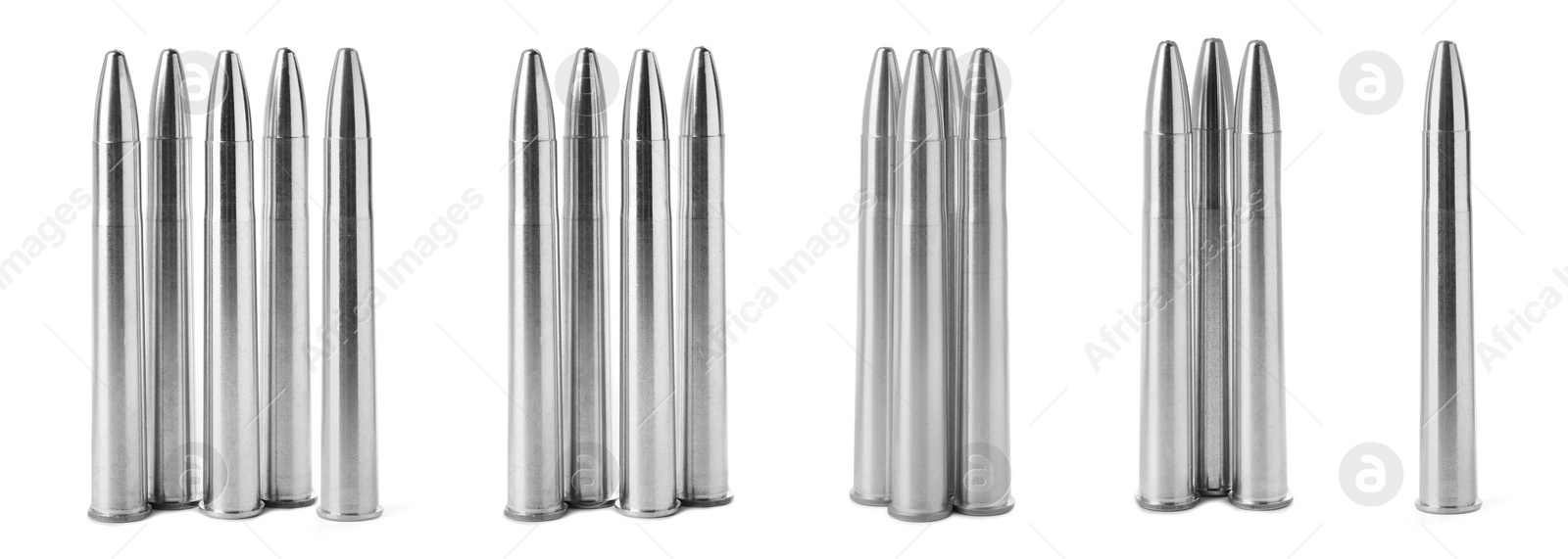 Image of Set of many bullets on white background. Firearm ammunition