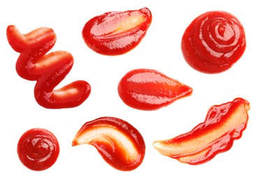 Image of Set of tasty ketchup on white background, top view. Tomato sauce