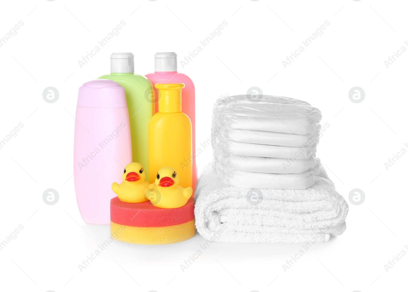 Photo of Set of baby accessories on white background