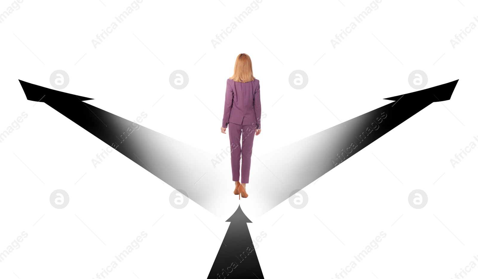 Image of Choose your way. Woman and arrows pointing in different directions on white background, back view