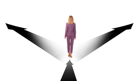 Image of Choose your way. Woman and arrows pointing in different directions on white background, back view