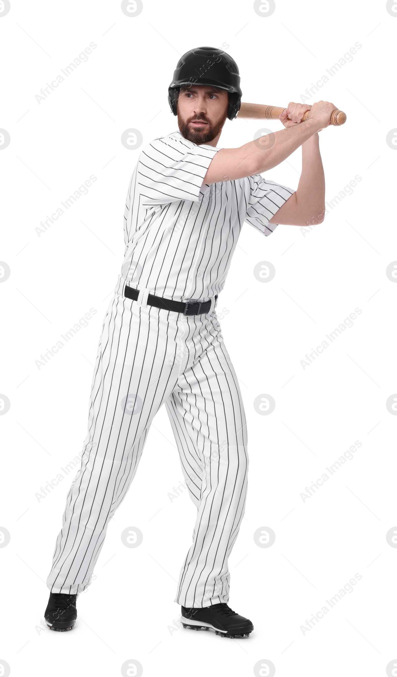 Photo of Baseball player taking swing with bat on white background