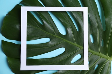 Photo of Square frame and tropical leaf on color background, top view