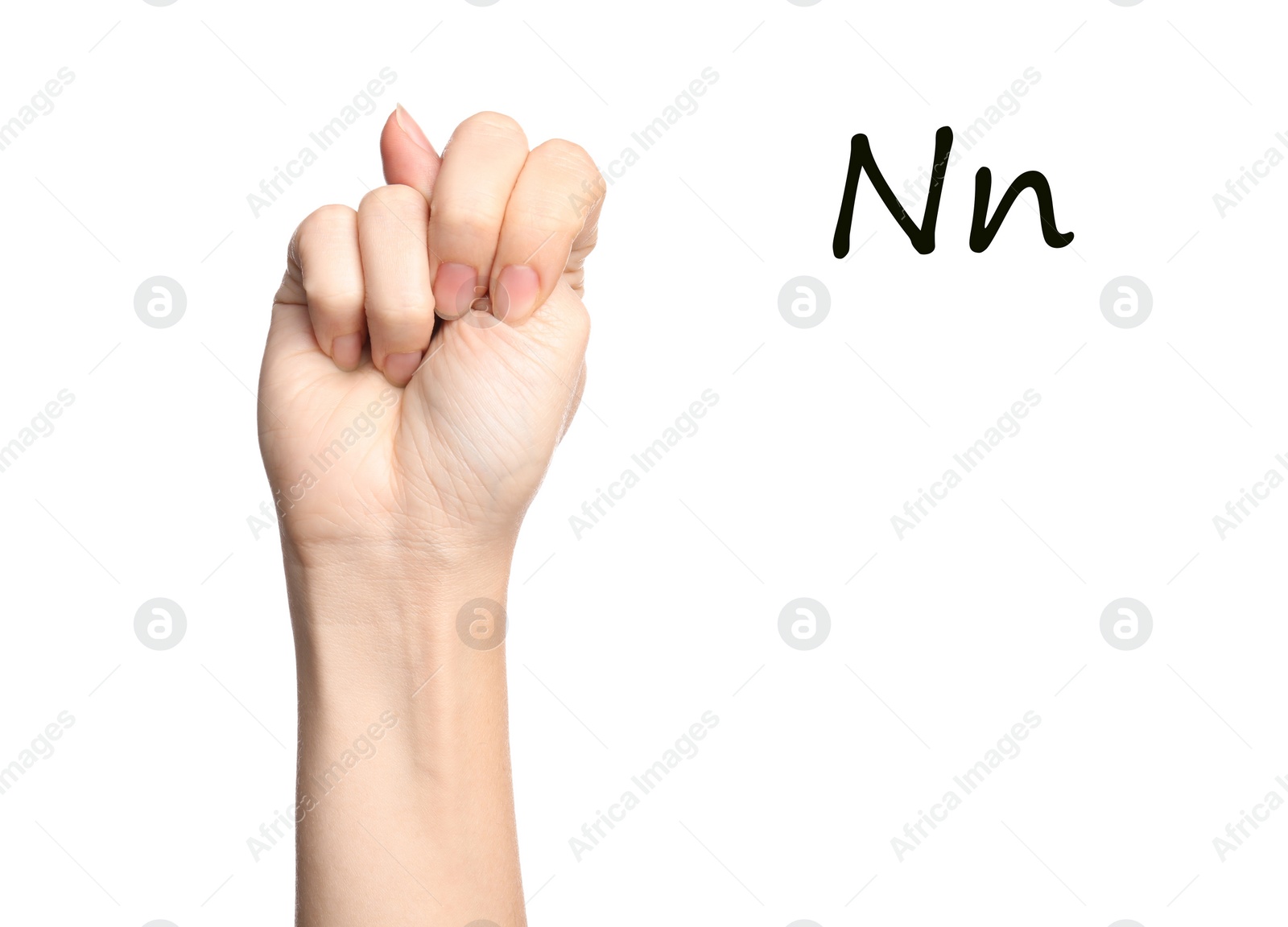 Image of Woman showing letter N on white background, closeup. Sign language