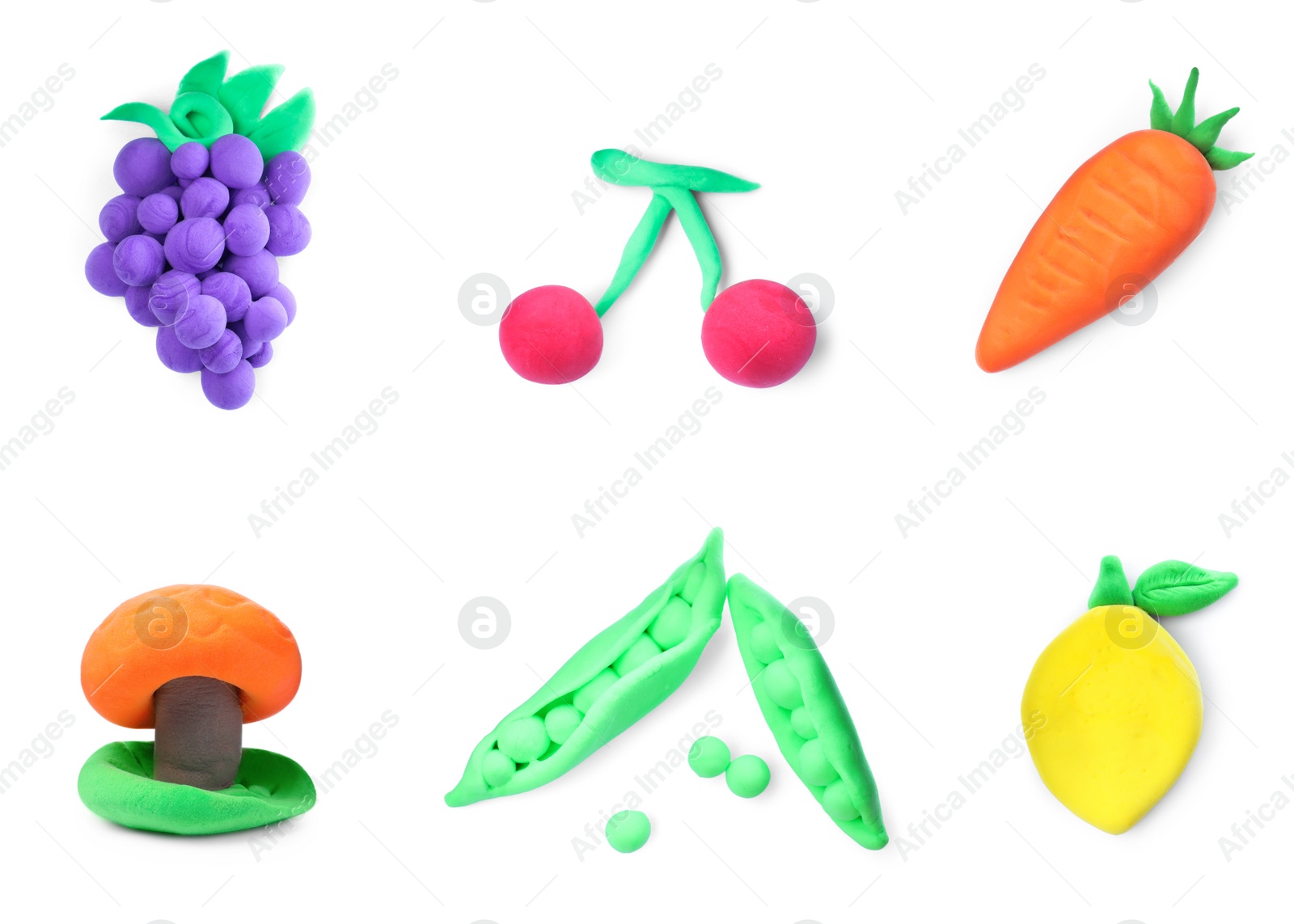 Image of Fruits and vegetables made from playdough on white background, collage