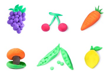 Image of Fruits and vegetables made from playdough on white background, collage