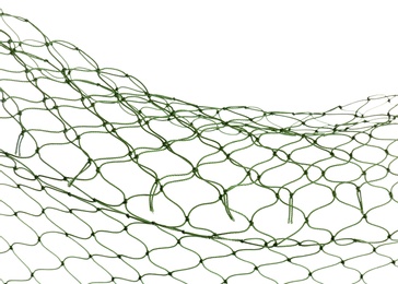 Photo of Fishing net on white background, closeup view