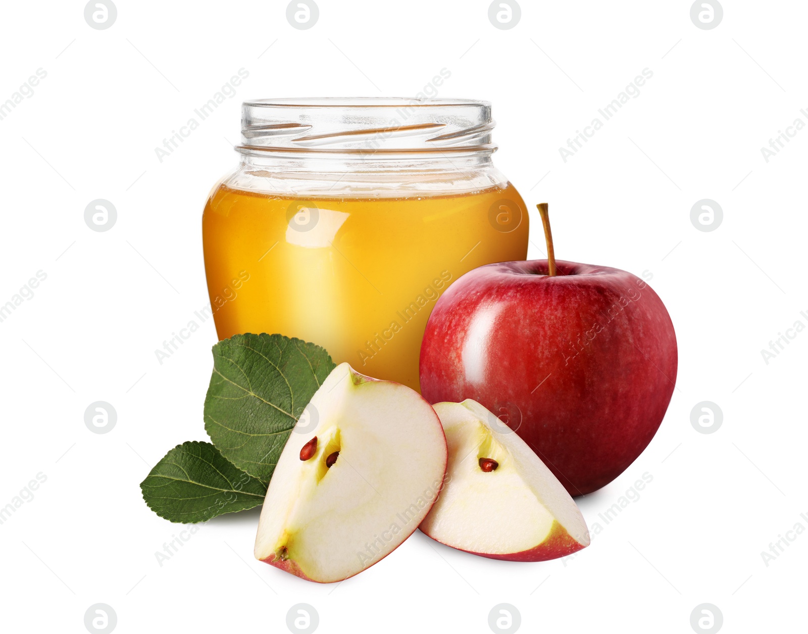 Image of Honey in glass jar and apples isolated on white