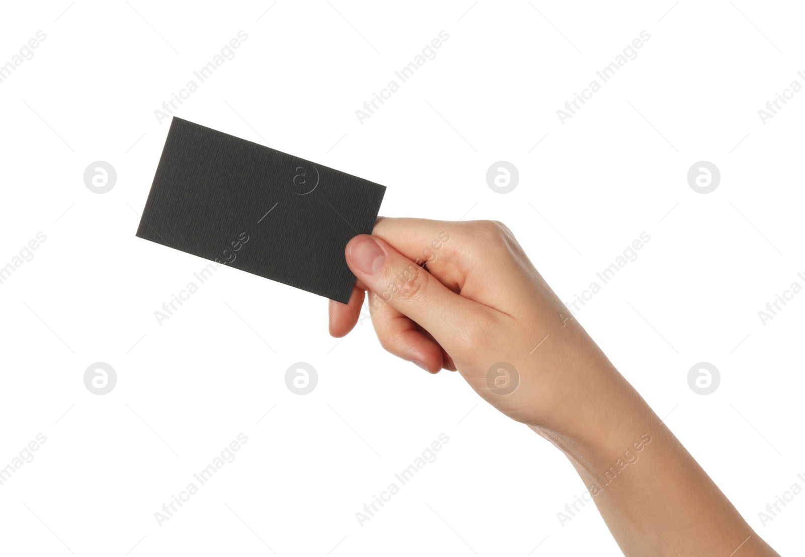 Photo of Woman with blank black business card on white background, closeup. Mockup for design