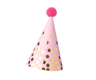 Photo of One pink party hat isolated on white