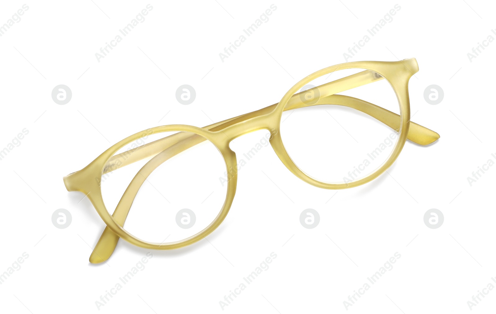 Photo of Glasses with corrective lenses on white background, top view