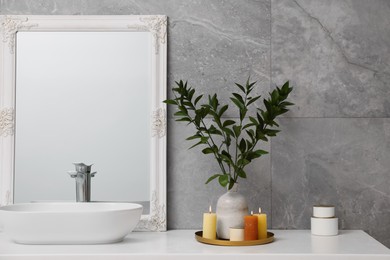 Photo of Beautiful plant in vase and burning candles near vessel sink and mirror on bathroom vanity