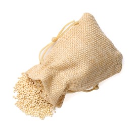 Photo of Burlap sack with raw quinoa isolated on white, top view