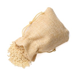 Burlap sack with raw quinoa isolated on white, top view