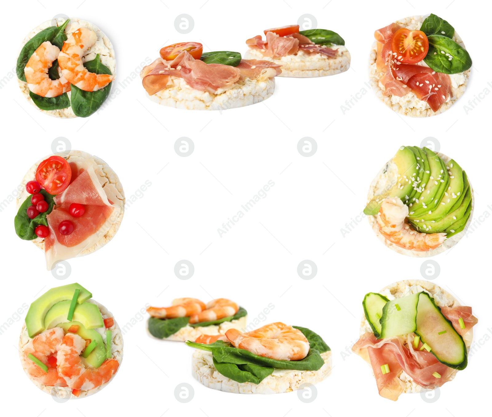 Image of Frame of puffed corn cakes with different toppings on white background