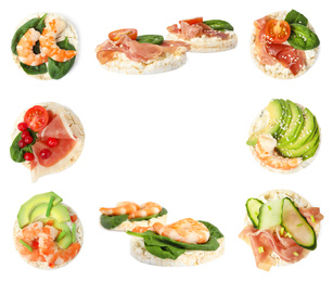 Image of Frame of puffed corn cakes with different toppings on white background