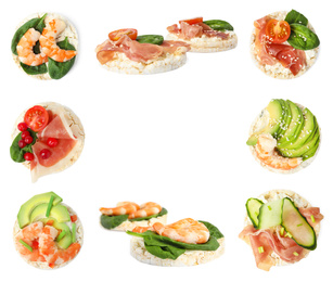 Frame of puffed corn cakes with different toppings on white background