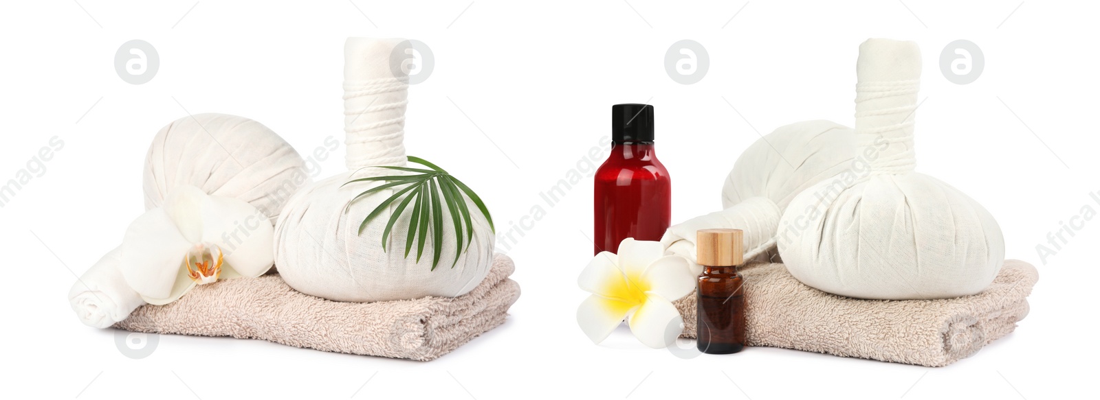 Image of Set with herbal massage bags and different spa supplies on white background. Banner design