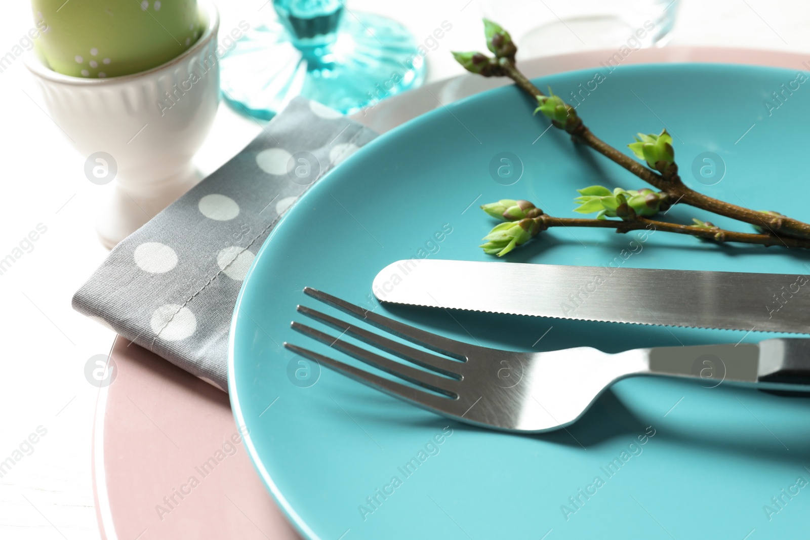 Photo of Festive Easter table setting with painted egg on light background, closeup