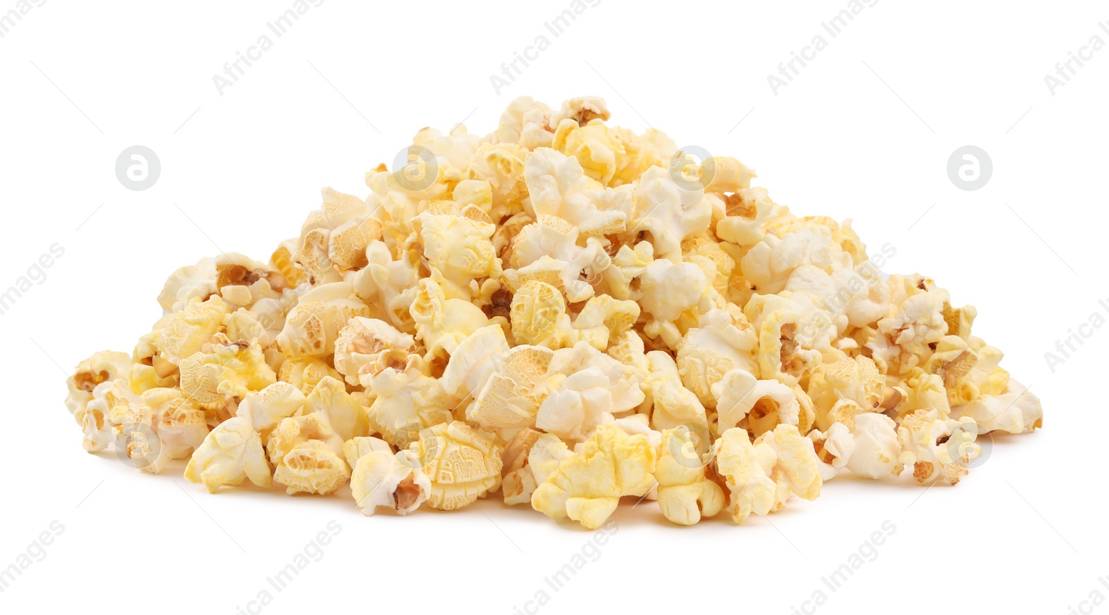 Photo of Pile of tasty fresh popcorn isolated on white