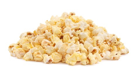 Photo of Pile of tasty fresh popcorn isolated on white