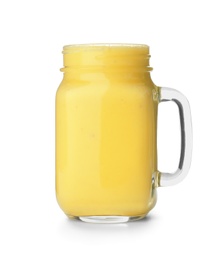 Photo of Mason jar with delicious detox smoothie on white background