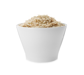 Ceramic bowl with brown rice on white background