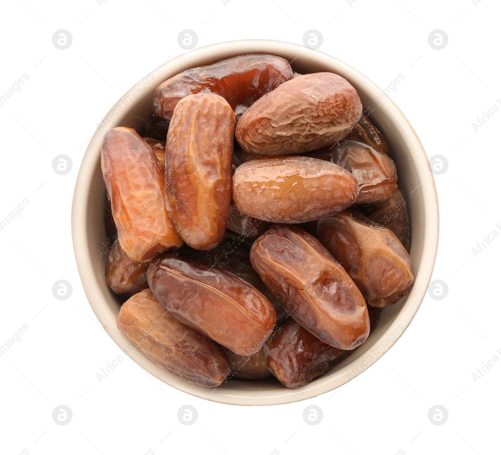 Photo of Bowl with sweet dates on white background, top view. Dried fruit as healthy snack