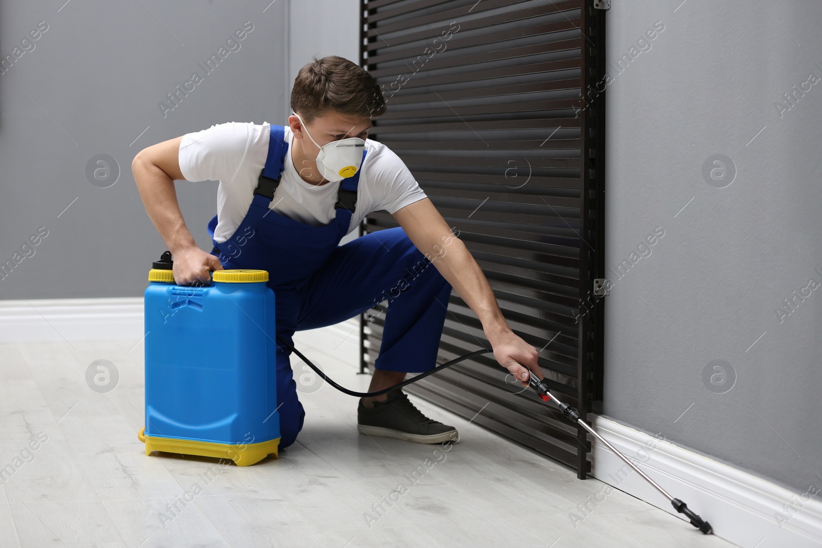 Photo of Pest control worker spraying pesticide in room