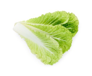 Photo of Fresh Chinese cabbage leaves isolated on white, top view