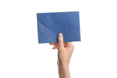 Woman holding blue paper envelope on white background, closeup
