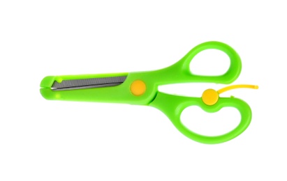 Photo of Pair of training scissors on white background