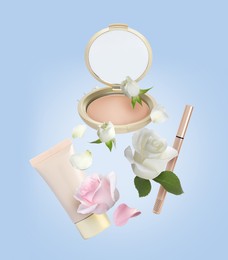 Image of Different makeup products and beautiful roses in air on light blue background