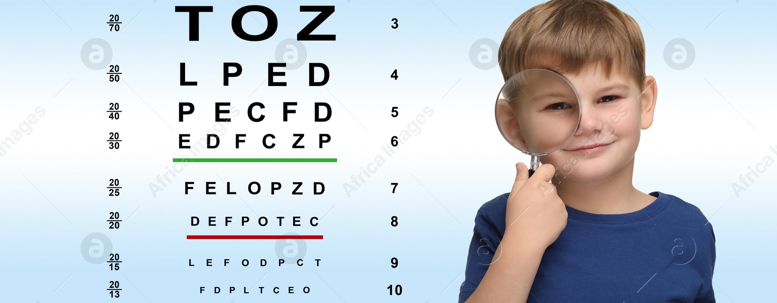 Image of Vision test. Little boy with magnifying glass and eye chart on gradient background. Banner design