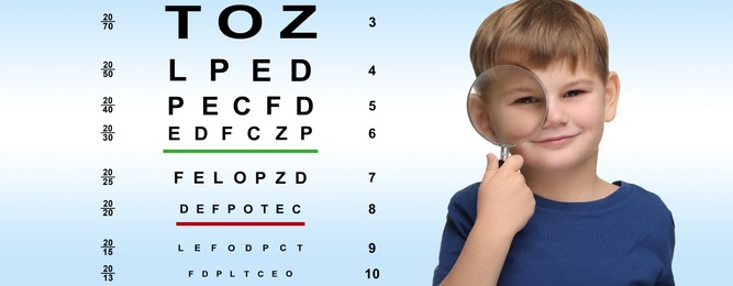 Image of Vision test. Little boy with magnifying glass and eye chart on gradient background. Banner design