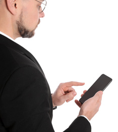 Photo of Businessman in glasses with smartphone on white background, closeup