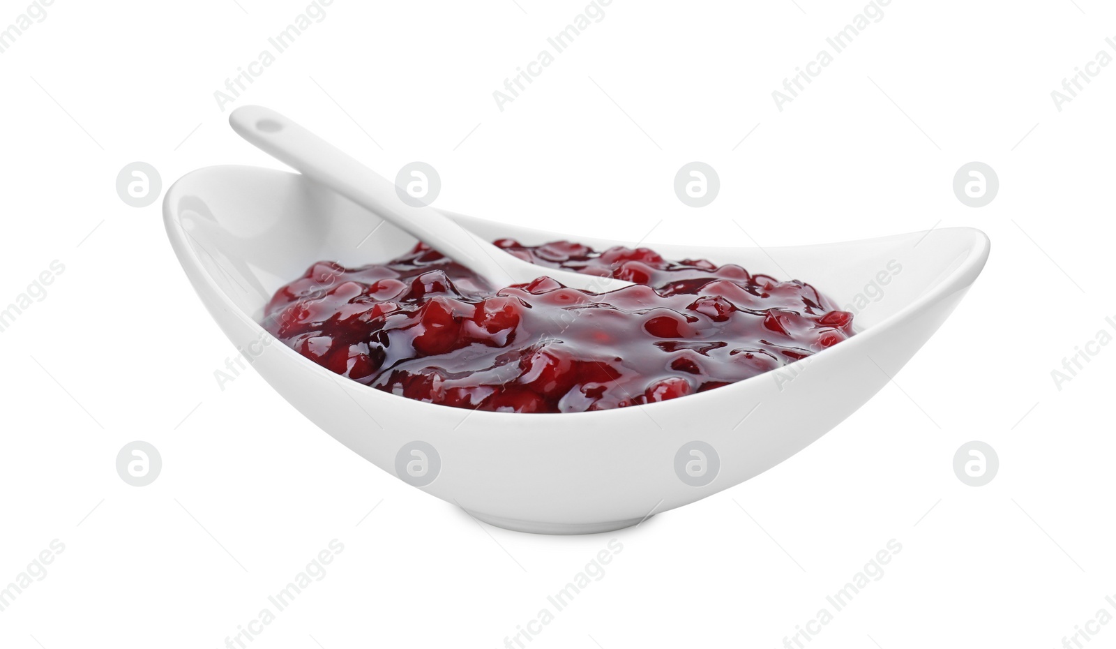 Photo of Fresh cranberry sauce in bowl isolated on white