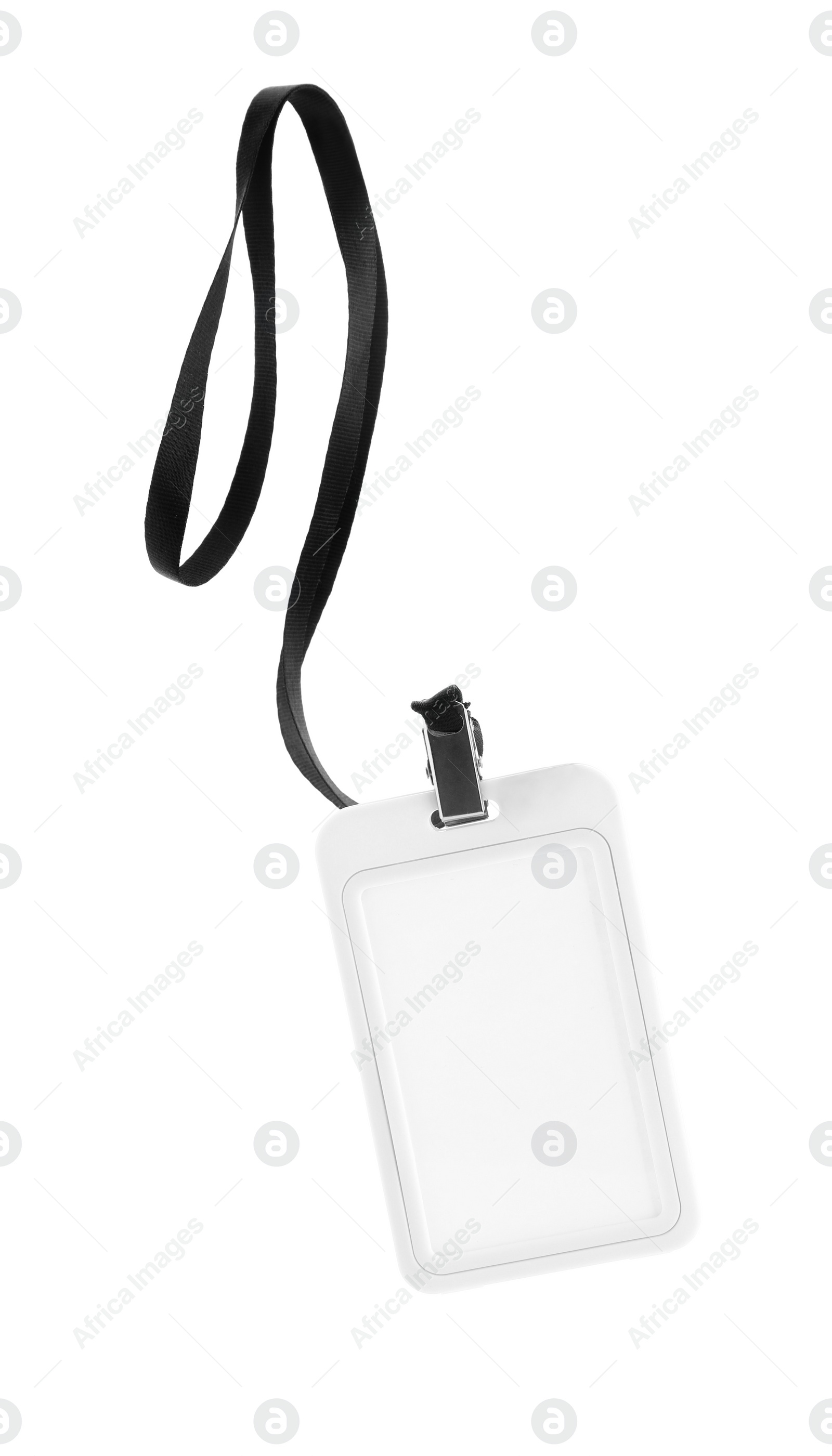 Photo of Blank badge with black string isolated on white