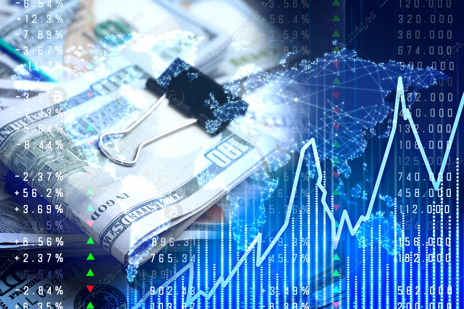 Image of Money exchange. Multiple exposure with dollar banknotes, graphs, data and digital world map