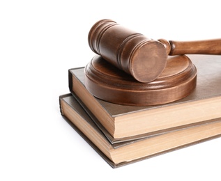 Photo of Wooden gavel and books on white background. Law concept