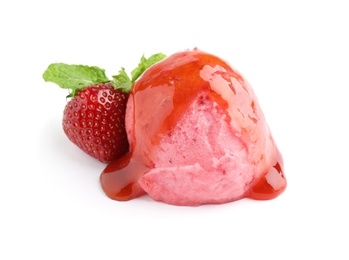 Photo of Scoop of delicious strawberry ice cream with syrup, mint and fresh berry on white background