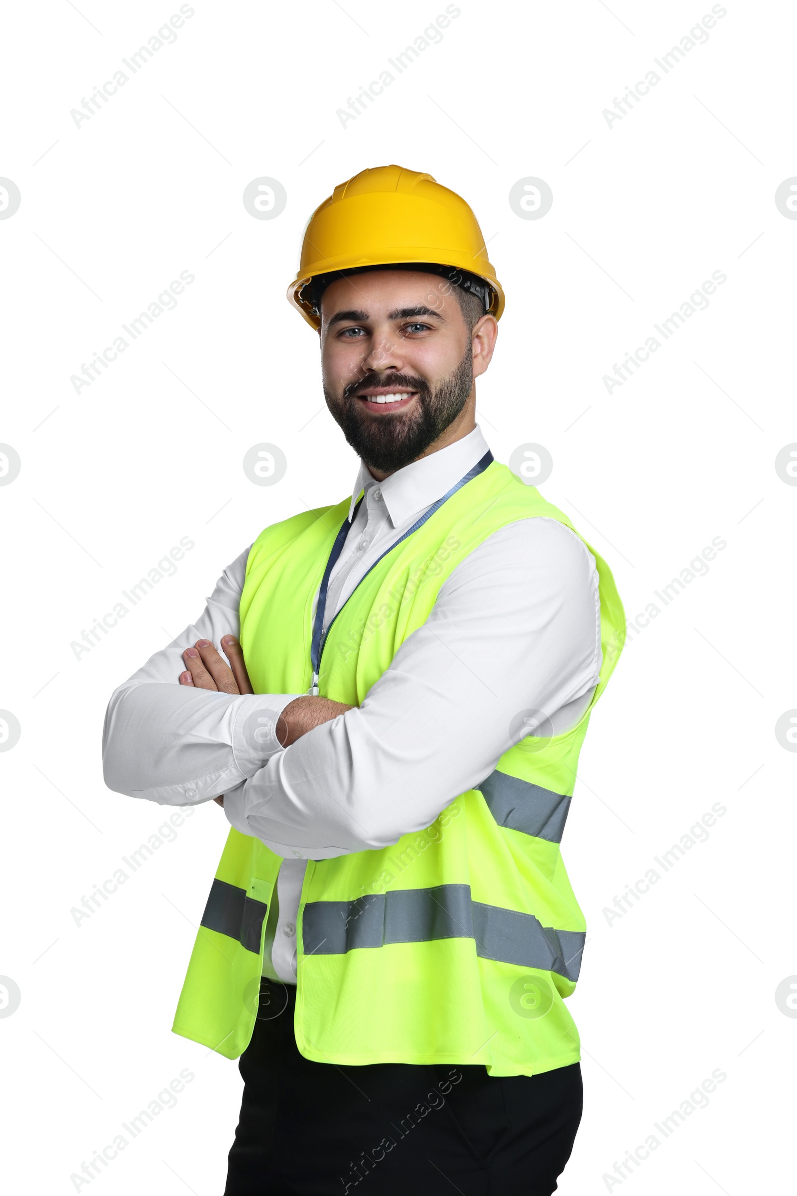 Photo of Engineer in hard hat on white background