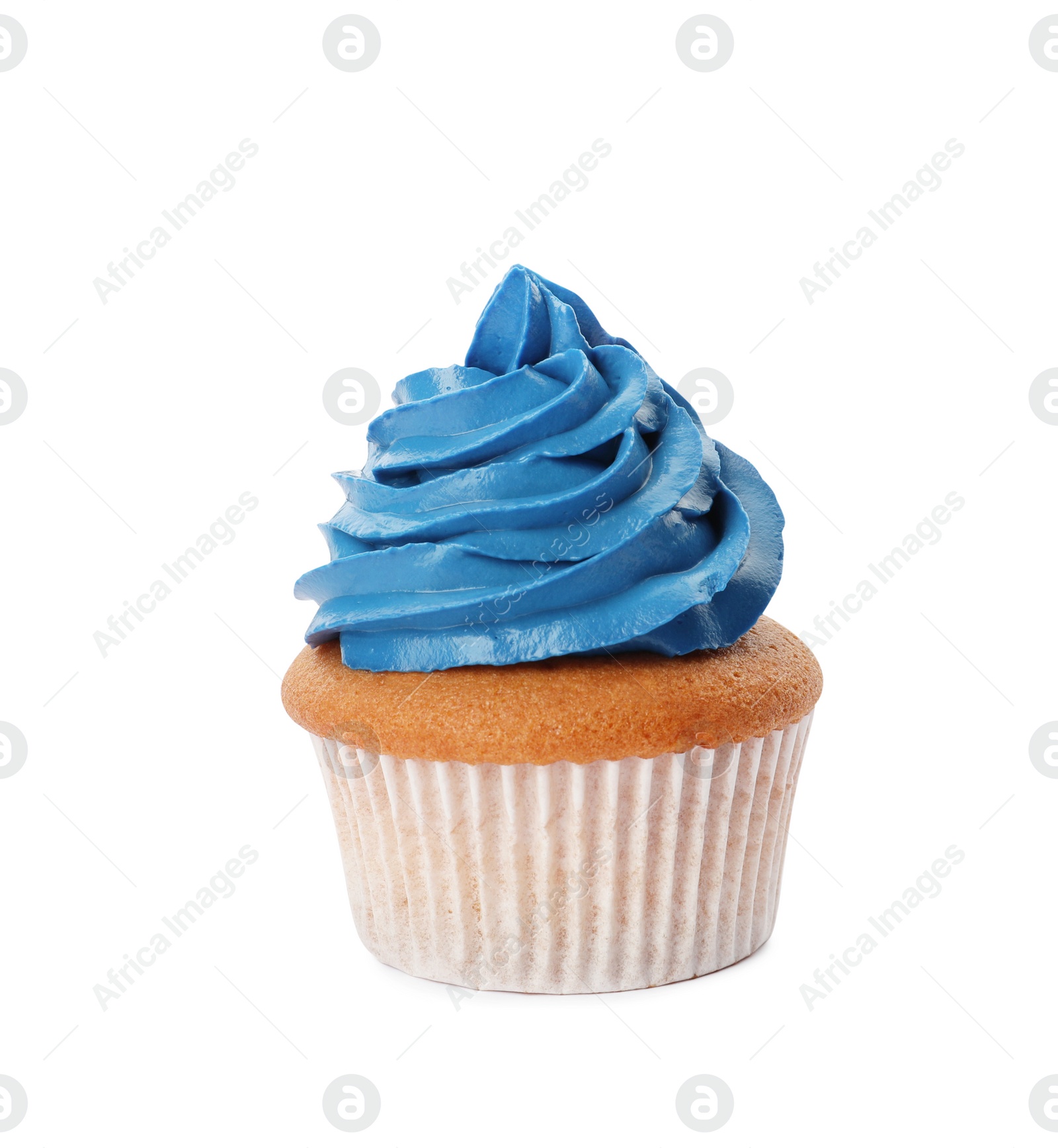 Photo of Delicious cupcake with blue cream isolated on white