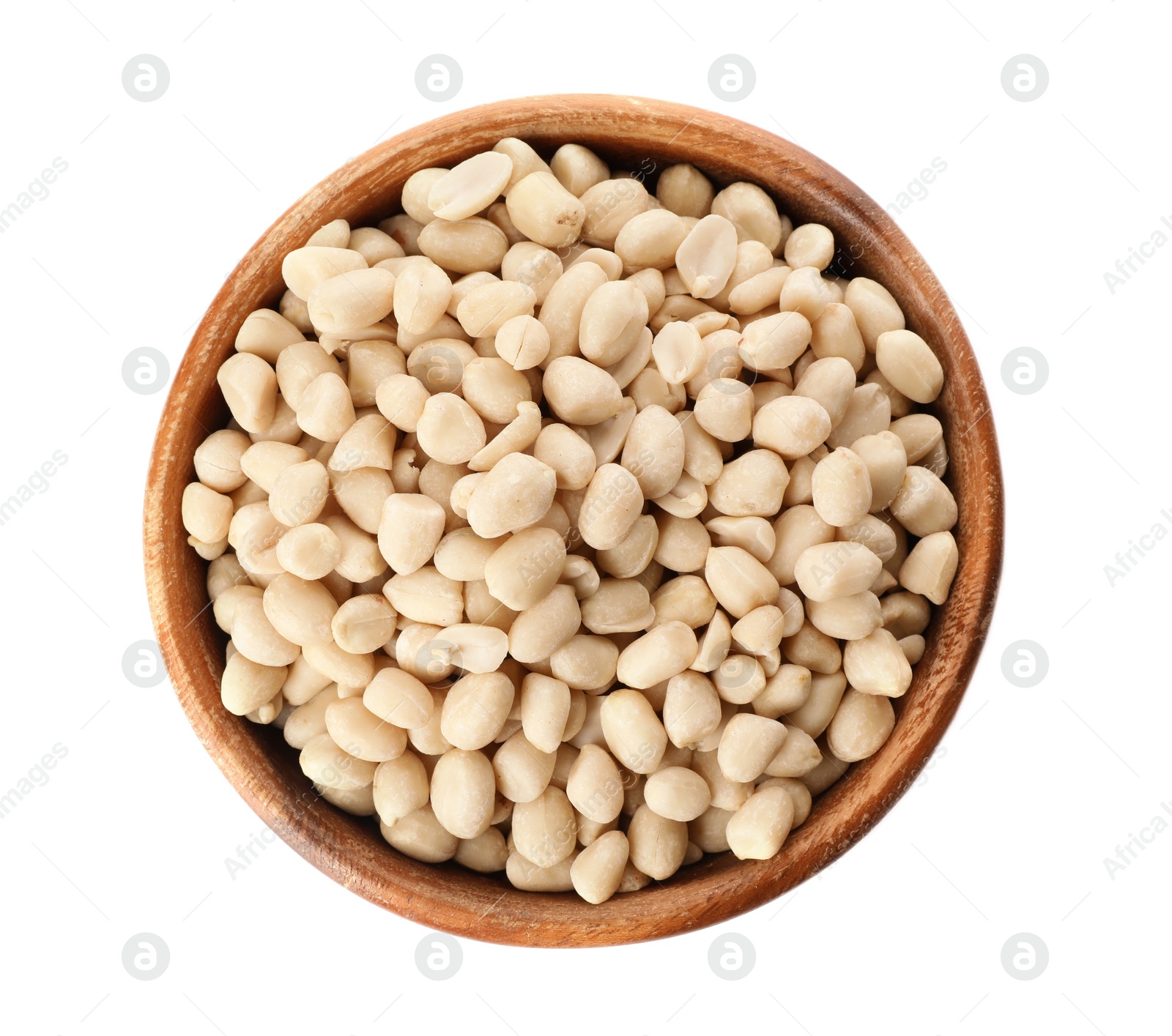 Photo of Shelled peanuts in bowl on white background, top view
