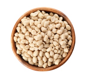 Shelled peanuts in bowl on white background, top view