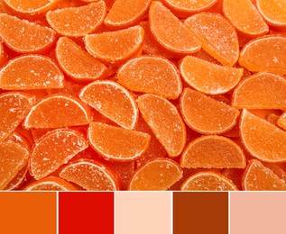 Color palette and sweet orange marmalade as background, top view