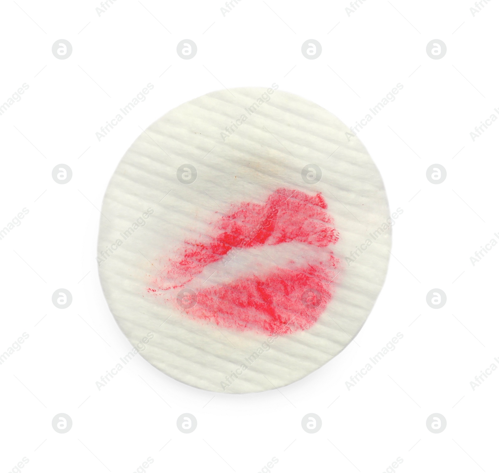 Photo of Dirty cotton pad after removing makeup on white background, top view