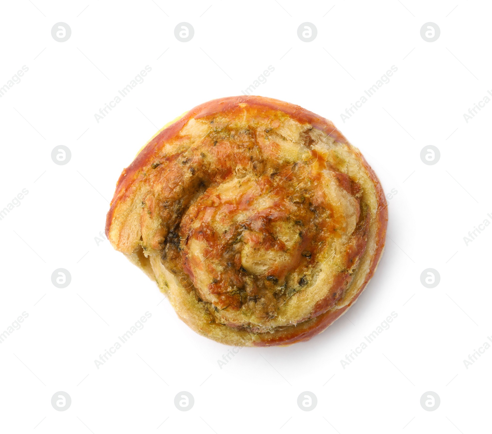 Photo of Fresh delicious puff pastry with tasty filling on white background, top view